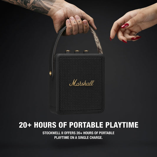 Marshall Stockwell II Portable Bluetooth Speaker with 20+ Hours of Portable Playtime, (360° Sound), Water-Resistant (IPX4) – Black & Brass.