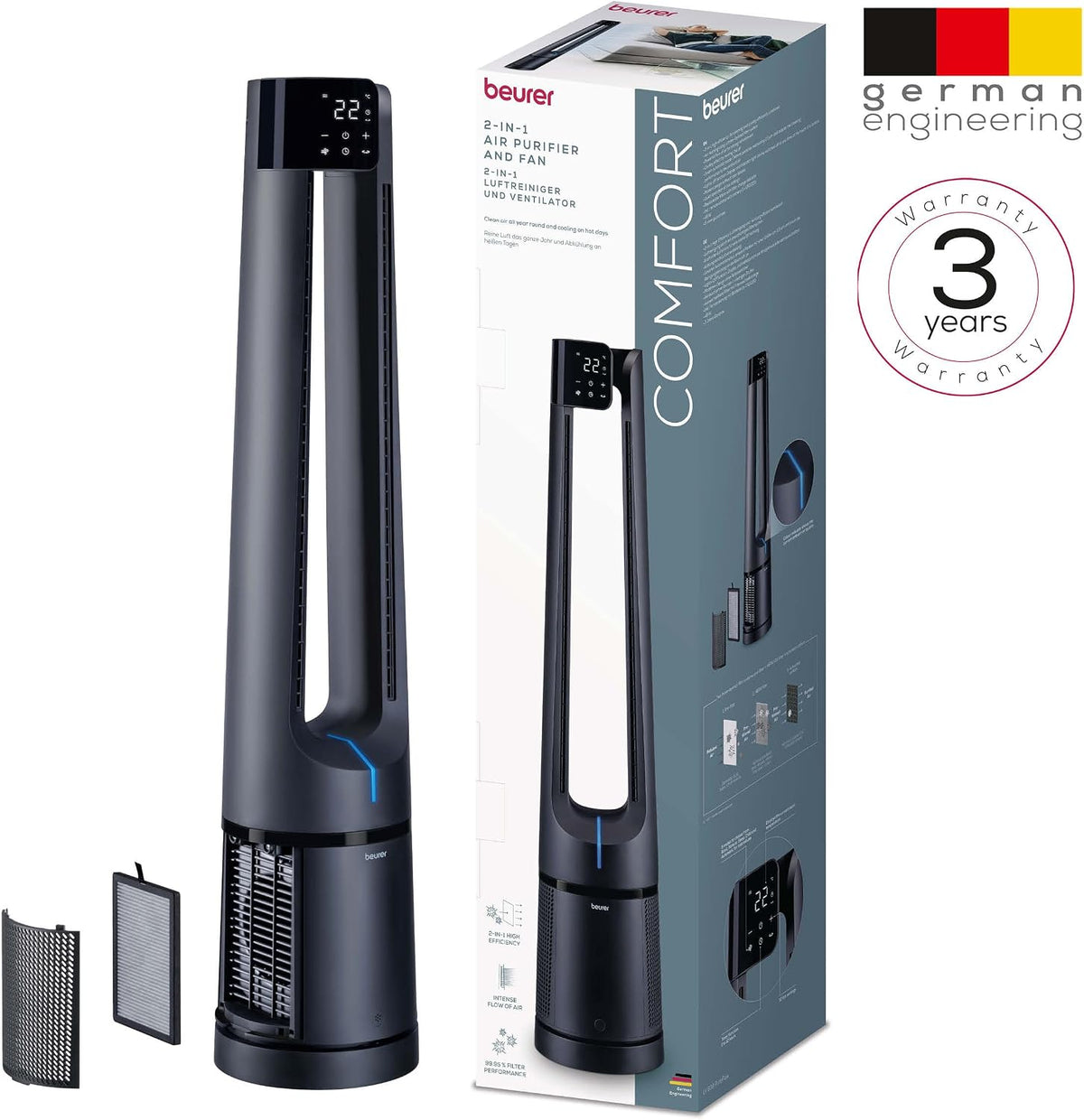 Beurer LV500 PureFlow 2-in-1 Rotorless Fan and Air Purifier with 130° Oscillation, H13 HEPA Filter, 5 Modes, Silent Standby Mode, Standing Fan with Remote Control