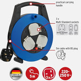 Brennenstuhl 1098207900 Vario Line Multistandard 3-way socket cable box (sockets fitting for BS, U.S. and EURO plugs), portable 5m extension cord in plastic box with carrying handle, Made in Germany