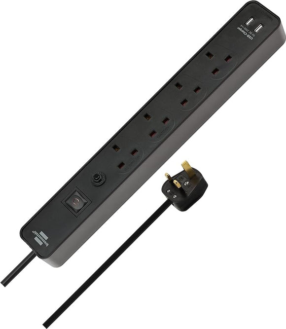 Brennenstuhl 1153243006 Ecolor extension lead 4-gang with 2 USB ports (Power strip 4-way with safety fuse button and 3m cable and switch, 90° angle of sockets)
