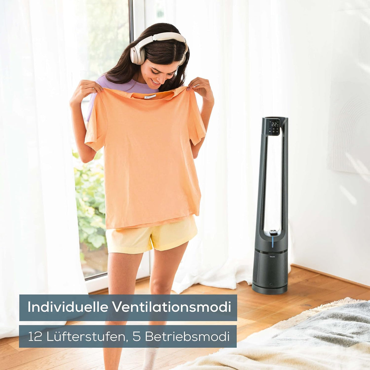 Beurer LV500 PureFlow 2-in-1 Rotorless Fan and Air Purifier with 130° Oscillation, H13 HEPA Filter, 5 Modes, Silent Standby Mode, Standing Fan with Remote Control