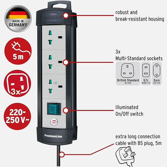 Brennenstuhl Premium-Line Multistandard, 3-way extension lead with 3m BS extension cable, sockets are suitable for BS, U.S. and EURO plugs, Made in Germany