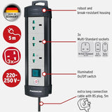 Brennenstuhl Premium-Line Multistandard, 3-way extension lead with 3m BS extension cable, sockets are suitable for BS, U.S. and EURO plugs, Made in Germany