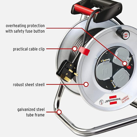 Brennenstuhl 1198063 Garant 3-way socket cable reel (50m extension cable, rust-proof, ergonomic handle), cable colour: black