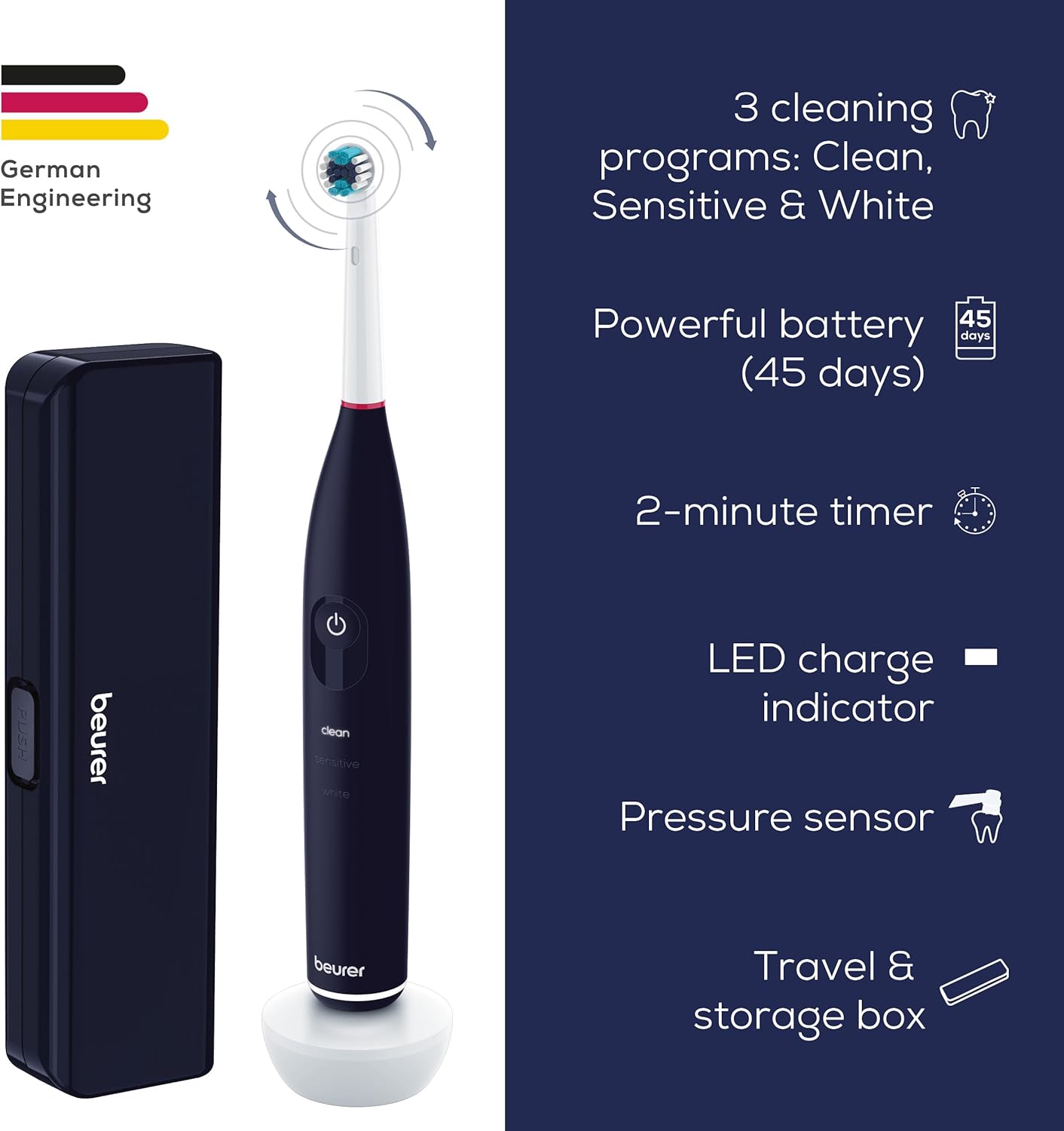 Beurer TB50 Electric Brush, 3 Cleaning Programs for Dental Care, Oscillating-Pulsating Cleaning Technology to Remove Plaque, Built-in Pressure Sensor, Rechargeable Battery