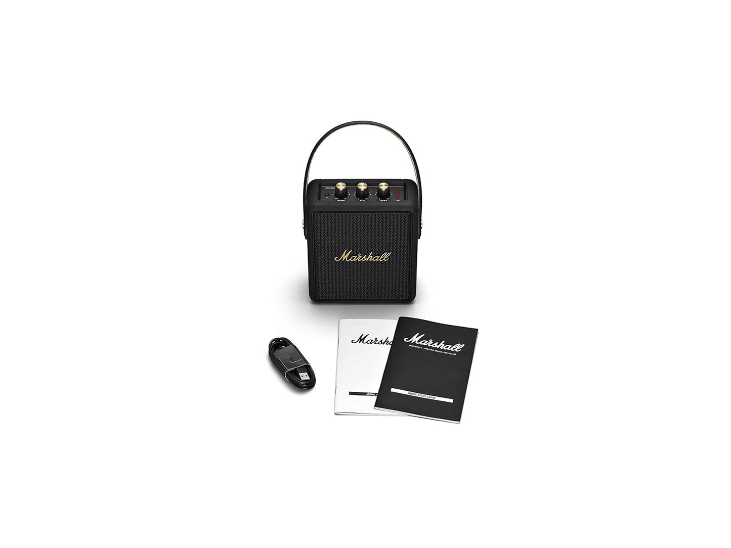 Marshall Stockwell II Portable Bluetooth Speaker with 20+ Hours of Portable Playtime, (360° Sound), Water-Resistant (IPX4) – Black & Brass.
