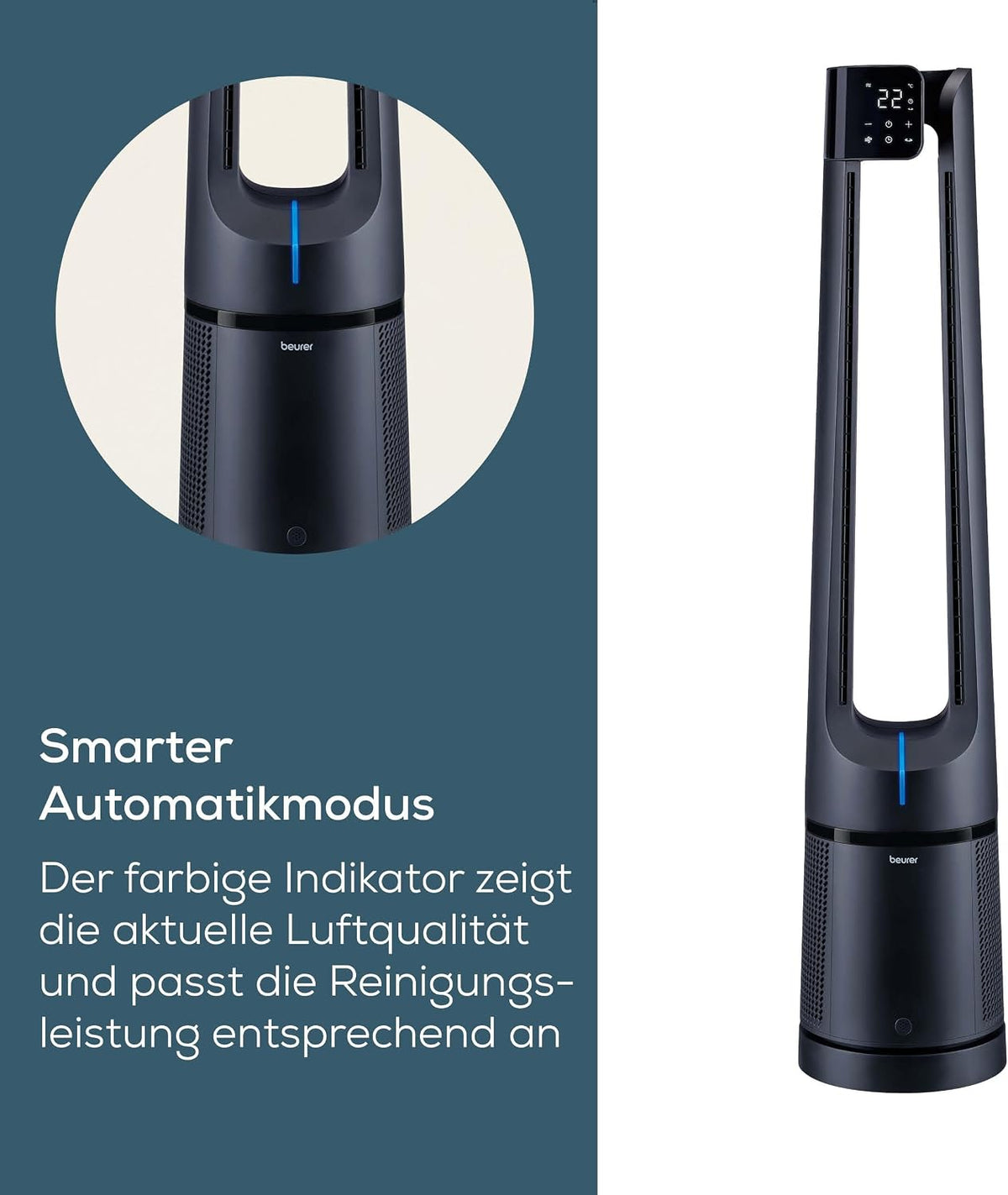 Beurer LV500 PureFlow 2-in-1 Rotorless Fan and Air Purifier with 130° Oscillation, H13 HEPA Filter, 5 Modes, Silent Standby Mode, Standing Fan with Remote Control