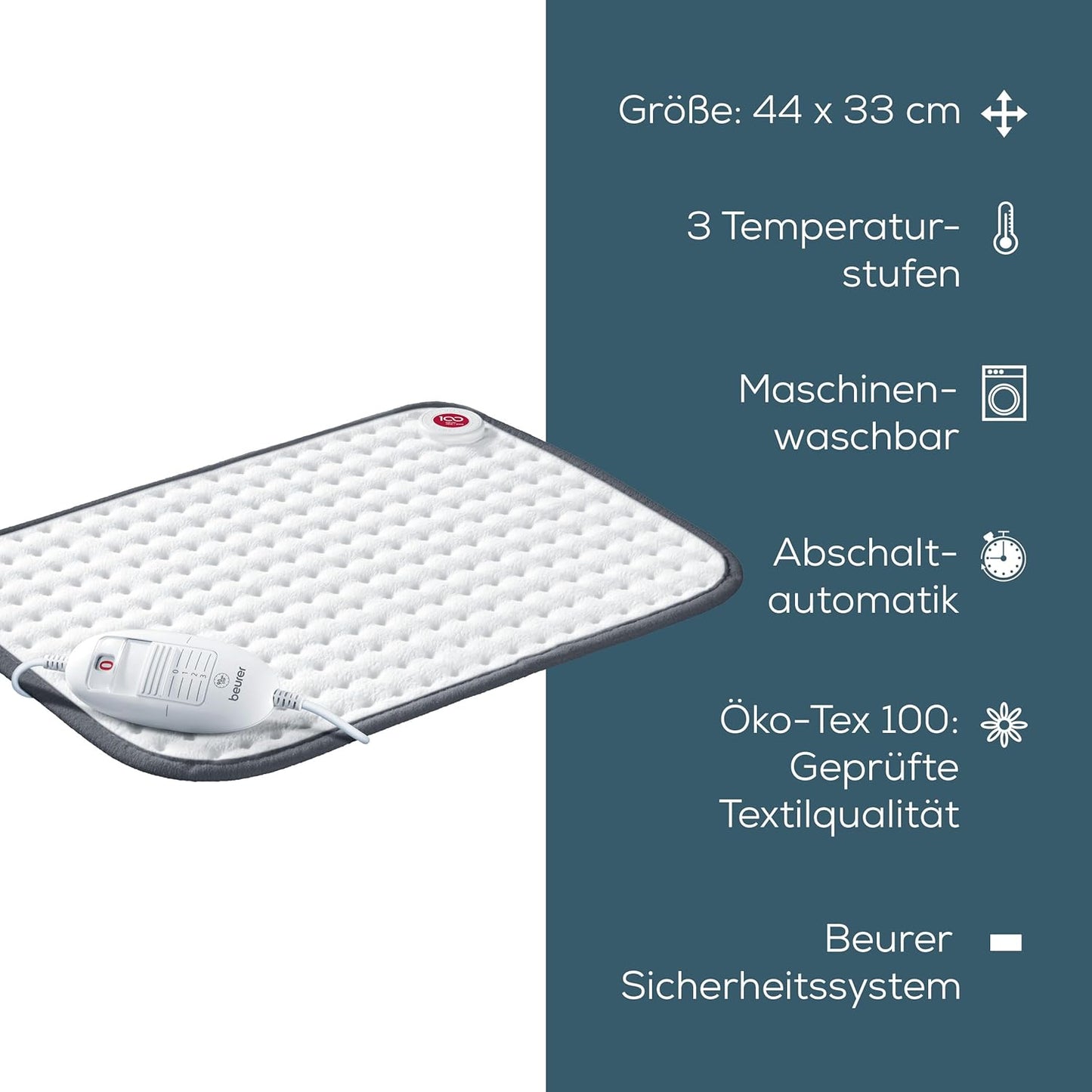 Beurer HK 41 Heat Pad, Super Fluffy Surface, 3 Temperature Levels, Auto Shut-off, Machine Washable, Made in Europe, White/Grey