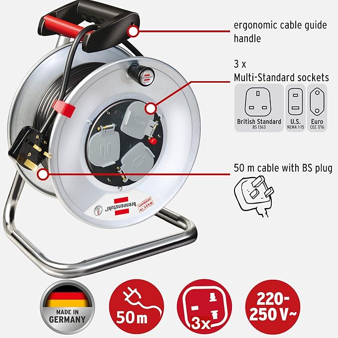 Brennenstuhl 1198067900 Garant Multistandard 50 m steel cable reel, 3-way (sockets suitable for BS, U.S. and EURO plugs, rust-proof sheet steel, ergonomic handle), Made in Germany