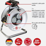 Brennenstuhl 1198063 Garant 3-way socket cable reel (50m extension cable, rust-proof, ergonomic handle), cable colour: black