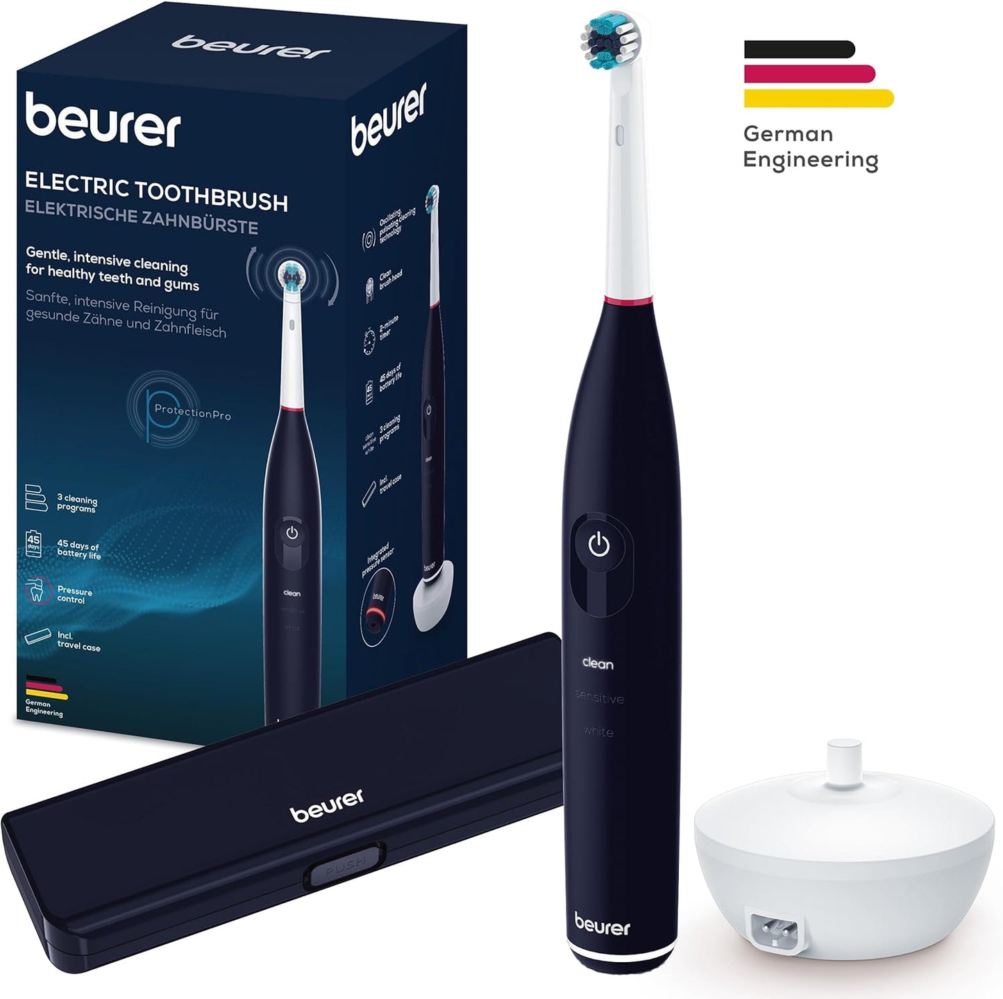 Beurer TB50 Electric Brush, 3 Cleaning Programs for Dental Care, Oscillating-Pulsating Cleaning Technology to Remove Plaque, Built-in Pressure Sensor, Rechargeable Battery