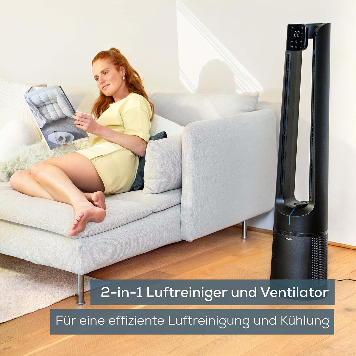 Beurer LV500 PureFlow 2-in-1 Rotorless Fan and Air Purifier with 130° Oscillation, H13 HEPA Filter, 5 Modes, Silent Standby Mode, Standing Fan with Remote Control