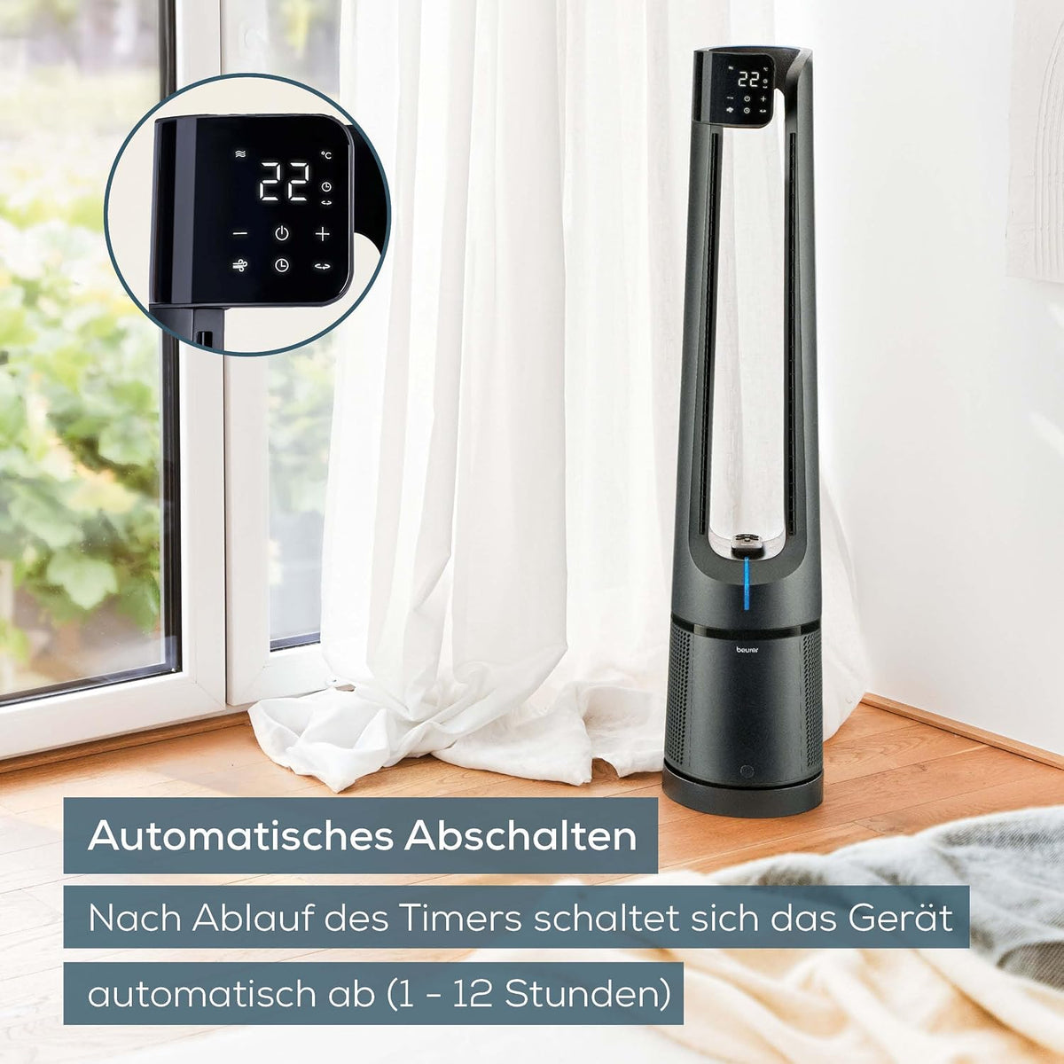 Beurer LV500 PureFlow 2-in-1 Rotorless Fan and Air Purifier with 130° Oscillation, H13 HEPA Filter, 5 Modes, Silent Standby Mode, Standing Fan with Remote Control