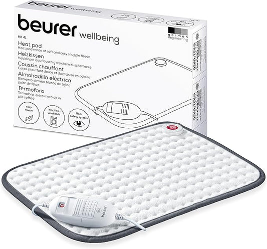 Beurer HK 41 Heat Pad, Super Fluffy Surface, 3 Temperature Levels, Auto Shut-off, Machine Washable, Made in Europe, White/Grey