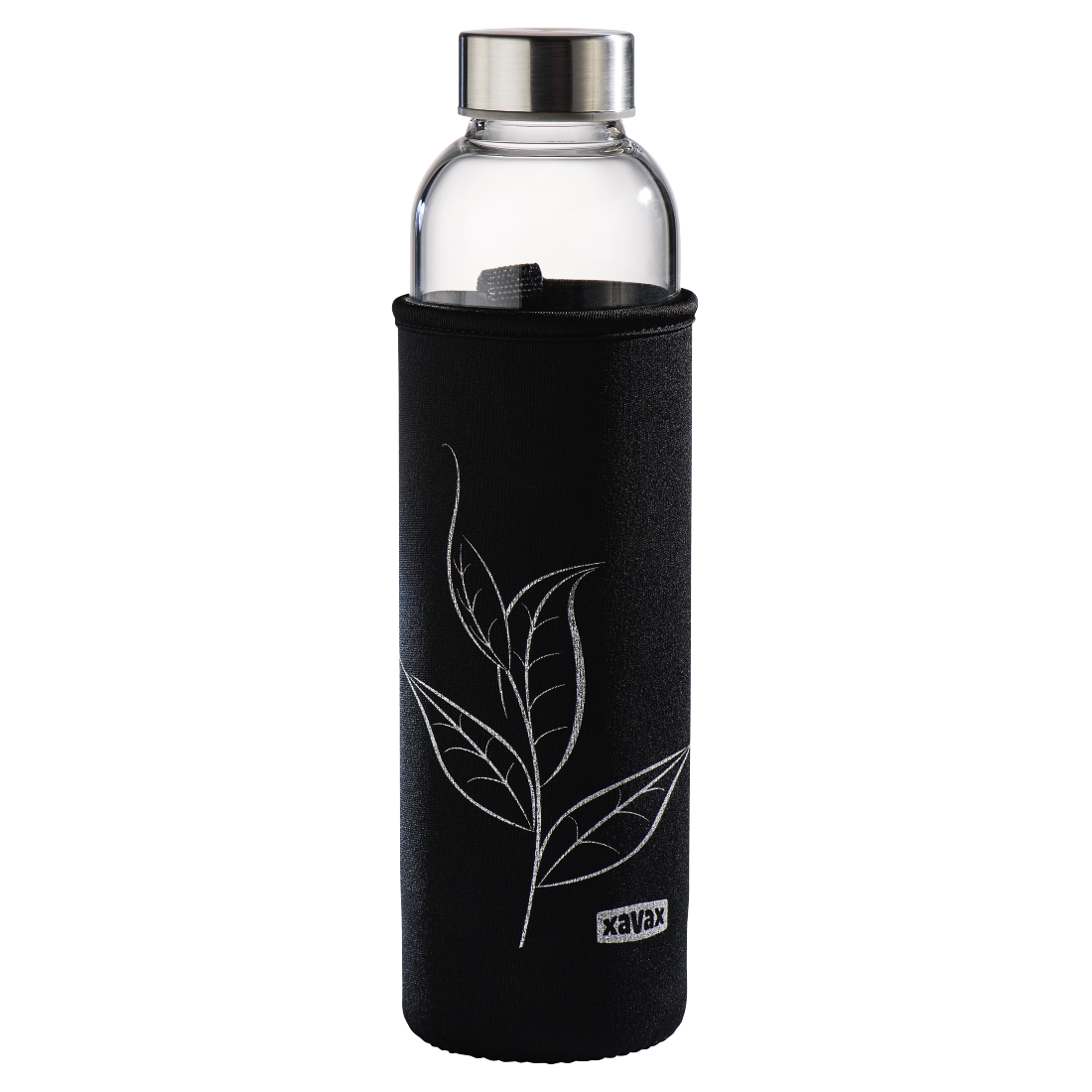 XAVAX 111233 Glass Drinking Bottle with Sieve and Neoprene Sleeve, 500 ml, black
