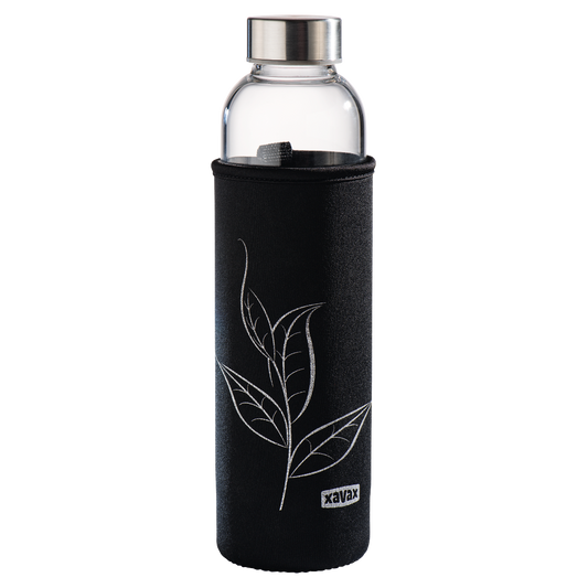 XAVAX 111233 Glass Drinking Bottle with Sieve and Neoprene Sleeve, 500 ml, black