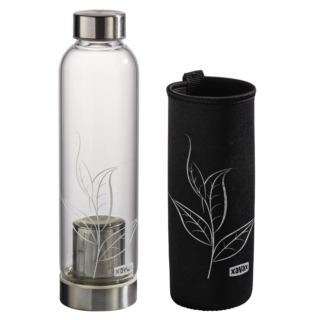 XAVAX 111233 Glass Drinking Bottle with Sieve and Neoprene Sleeve, 500 ml, black