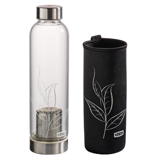 XAVAX 111233 Glass Drinking Bottle with Sieve and Neoprene Sleeve, 500 ml, black