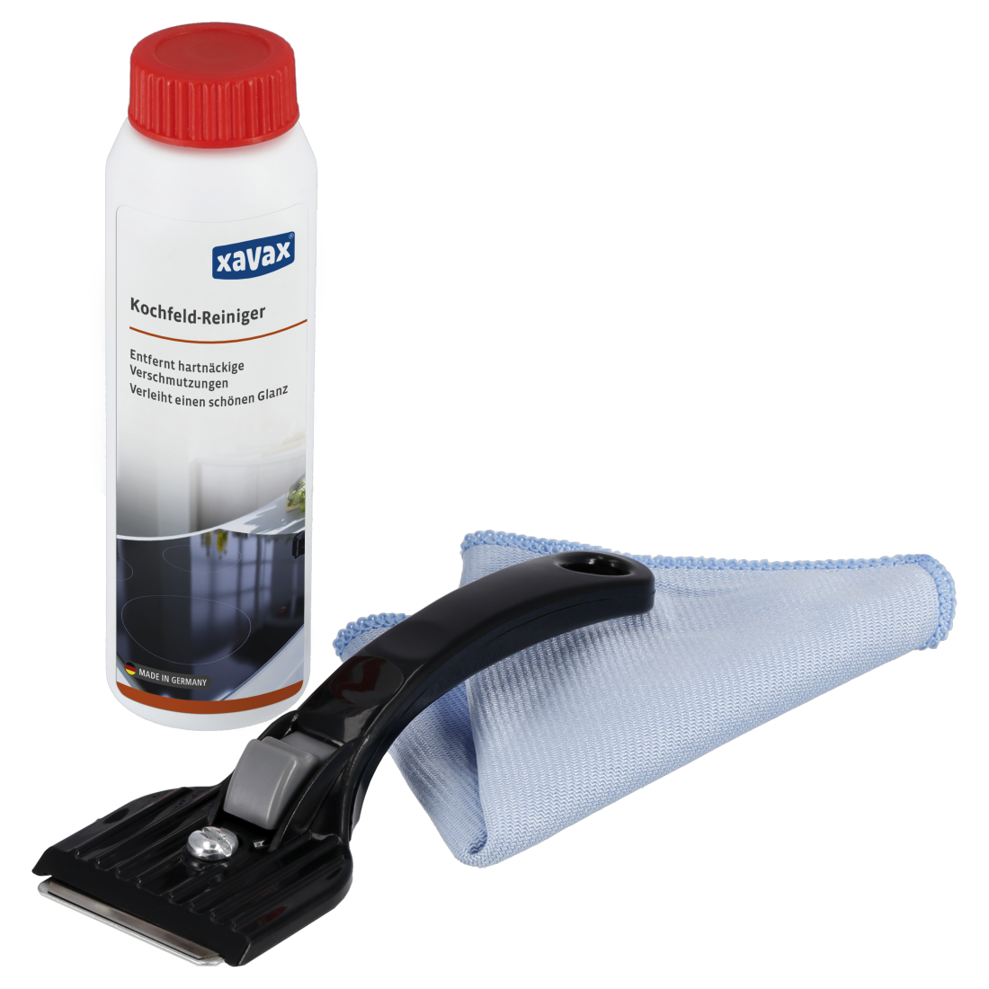 XAVAX 111752 Hob Cleaning Kit, 3-Part, Cleaner, Scraper, Microfibre Cloth