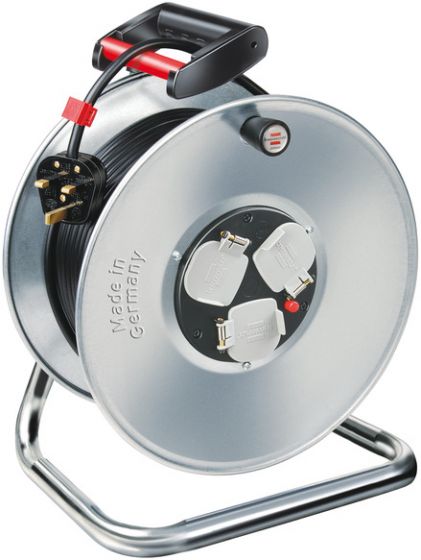 Brennenstuhl 1198063 Garant 3-way socket cable reel (50m extension cable, rust-proof, ergonomic handle), cable colour: black