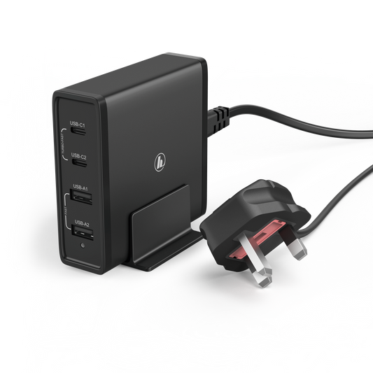HAMA 73183376 65 Watt Charging Station, UK Cable, 4-Way (2x PD USB-C, 2x USB-A), black