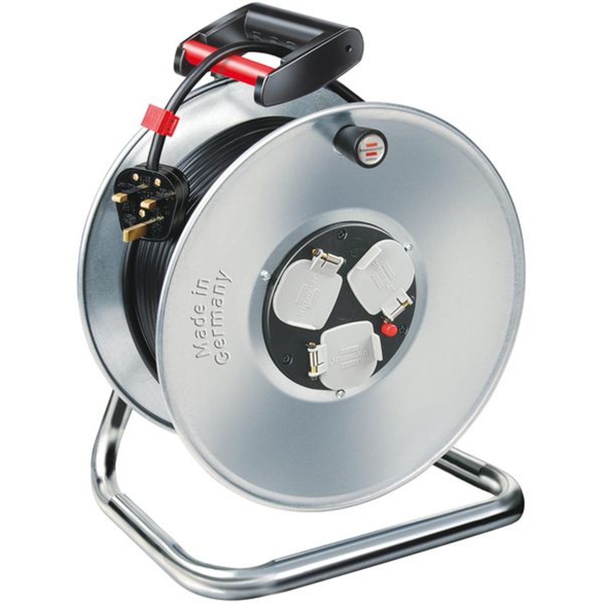 Brennenstuhl 1198067900 Garant Multistandard 50 m steel cable reel, 3-way (sockets suitable for BS, U.S. and EURO plugs, rust-proof sheet steel, ergonomic handle), Made in Germany